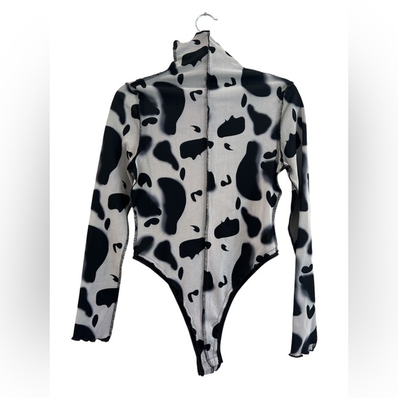 Bodysuit Turtle‎ Neck Women's  Size Large Black White Long Sleeve Animal Print - Picture 2 of 9